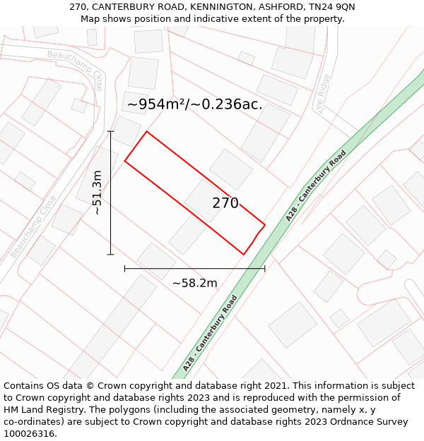 270, CANTERBURY ROAD, KENNINGTON, ASHFORD, TN24 9QN: Plot and title map