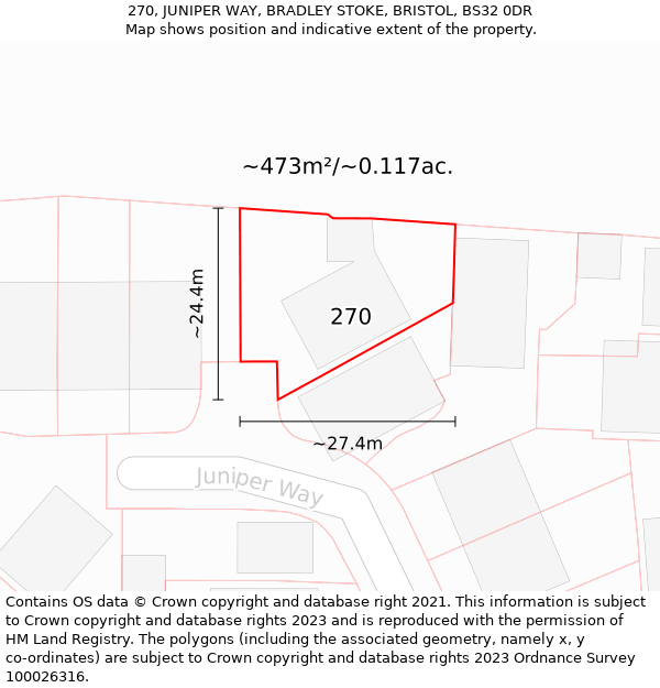 270, JUNIPER WAY, BRADLEY STOKE, BRISTOL, BS32 0DR: Plot and title map