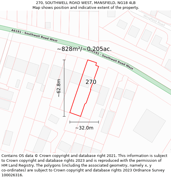 270, SOUTHWELL ROAD WEST, MANSFIELD, NG18 4LB: Plot and title map