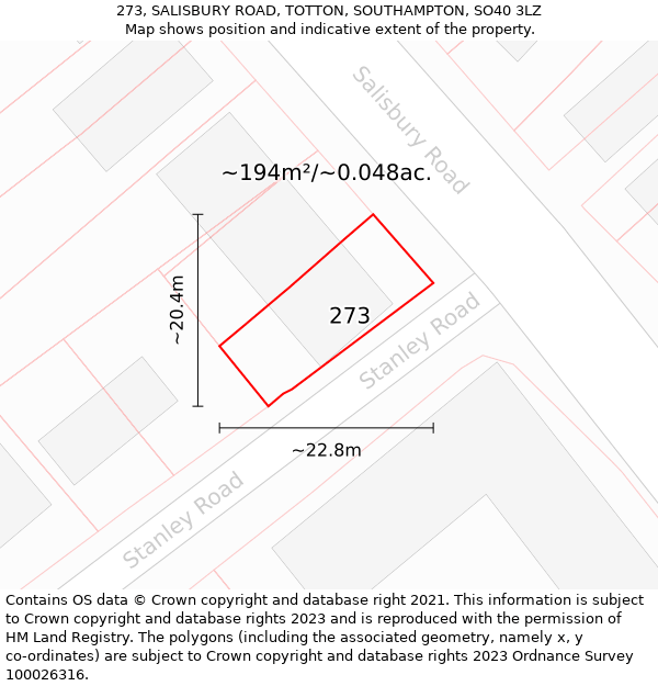 273, SALISBURY ROAD, TOTTON, SOUTHAMPTON, SO40 3LZ: Plot and title map