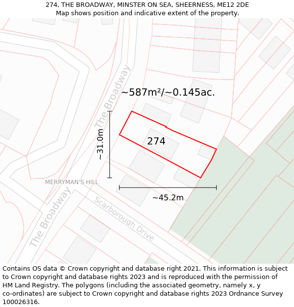 274, THE BROADWAY, MINSTER ON SEA, SHEERNESS, ME12 2DE: Plot and title map