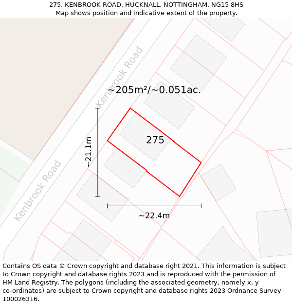 275, KENBROOK ROAD, HUCKNALL, NOTTINGHAM, NG15 8HS: Plot and title map