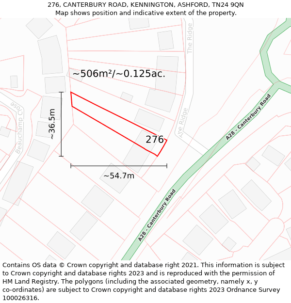 276, CANTERBURY ROAD, KENNINGTON, ASHFORD, TN24 9QN: Plot and title map