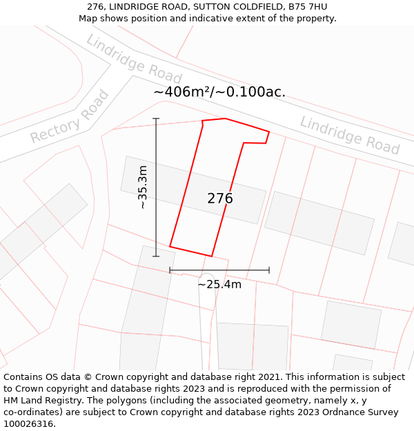 276, LINDRIDGE ROAD, SUTTON COLDFIELD, B75 7HU: Plot and title map