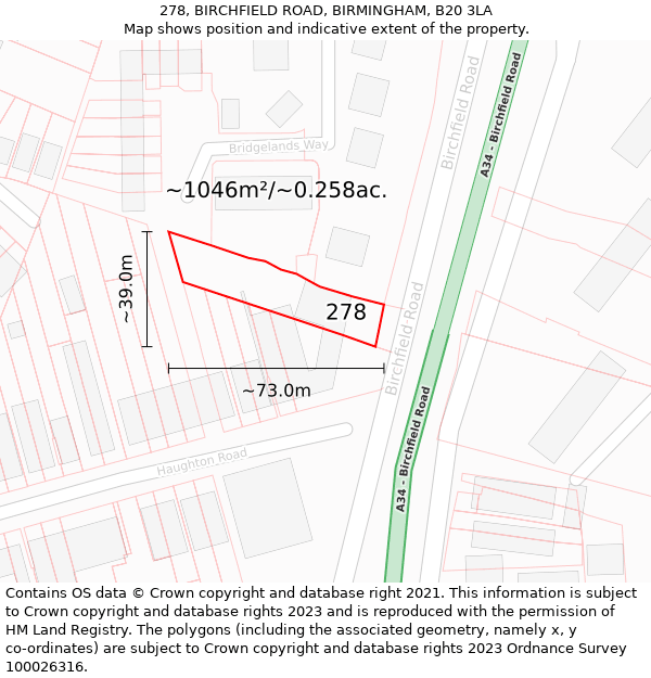 278, BIRCHFIELD ROAD, BIRMINGHAM, B20 3LA: Plot and title map