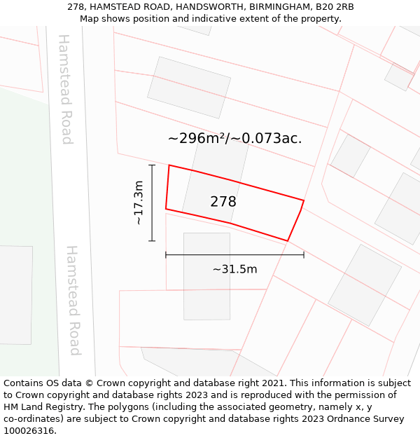 278, HAMSTEAD ROAD, HANDSWORTH, BIRMINGHAM, B20 2RB: Plot and title map