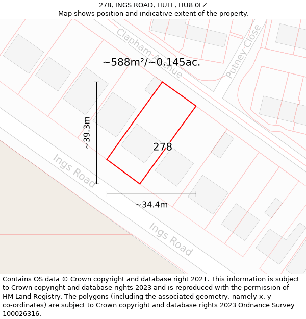 278, INGS ROAD, HULL, HU8 0LZ: Plot and title map