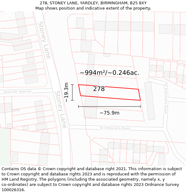 278, STONEY LANE, YARDLEY, BIRMINGHAM, B25 8XY: Plot and title map