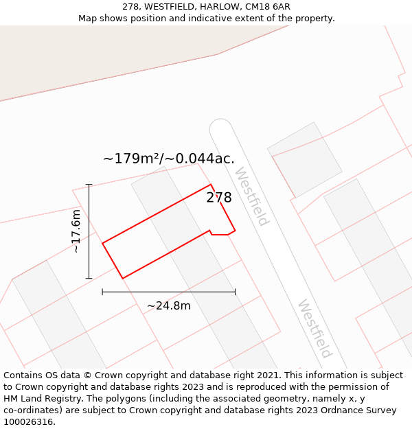 278, WESTFIELD, HARLOW, CM18 6AR: Plot and title map