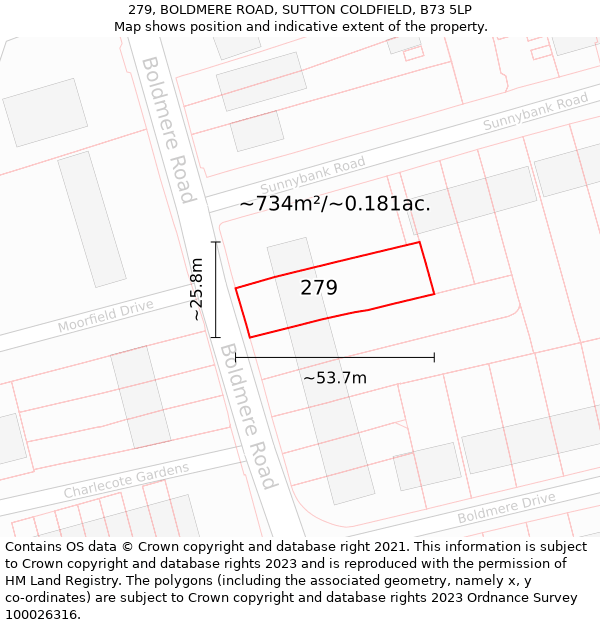 279, BOLDMERE ROAD, SUTTON COLDFIELD, B73 5LP: Plot and title map
