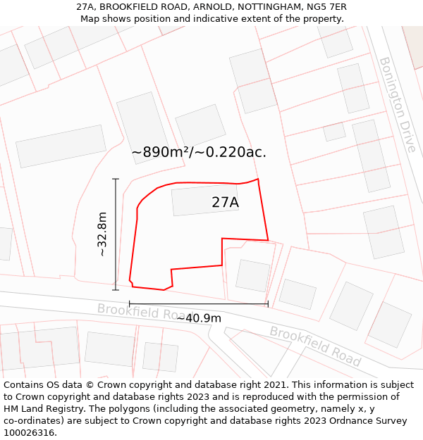 27A, BROOKFIELD ROAD, ARNOLD, NOTTINGHAM, NG5 7ER: Plot and title map