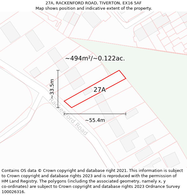 27A, RACKENFORD ROAD, TIVERTON, EX16 5AF: Plot and title map