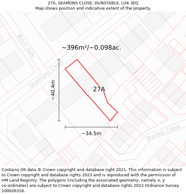 27A, SEAMONS CLOSE, DUNSTABLE, LU6 3EQ: Plot and title map