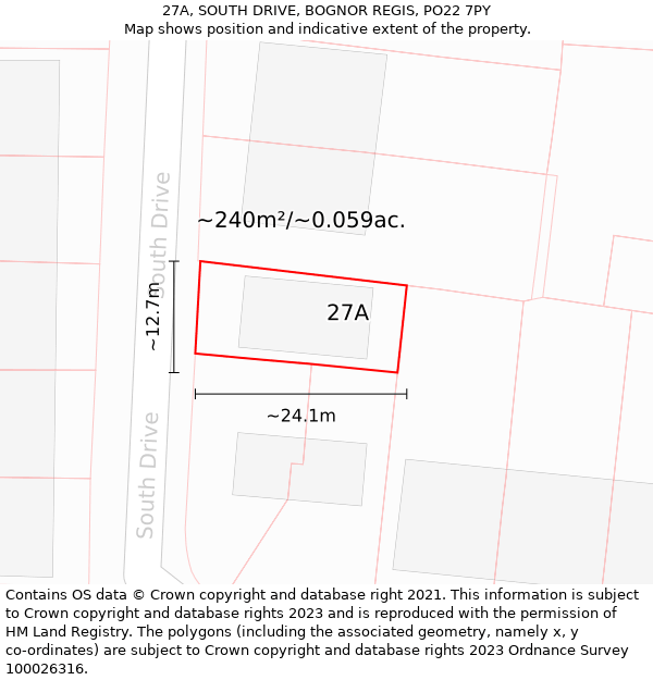 27A, SOUTH DRIVE, BOGNOR REGIS, PO22 7PY: Plot and title map