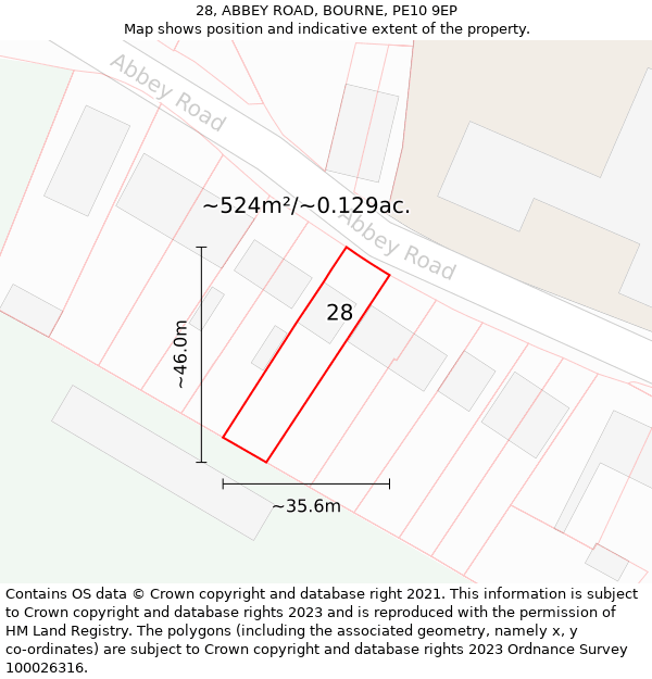 28, ABBEY ROAD, BOURNE, PE10 9EP: Plot and title map