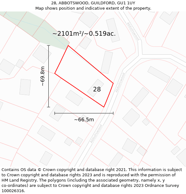 28, ABBOTSWOOD, GUILDFORD, GU1 1UY: Plot and title map