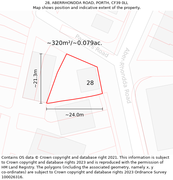 28, ABERRHONDDA ROAD, PORTH, CF39 0LL: Plot and title map