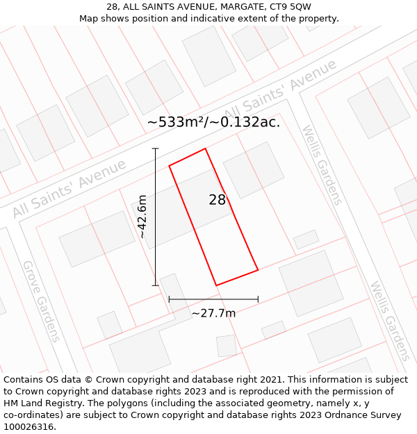 28, ALL SAINTS AVENUE, MARGATE, CT9 5QW: Plot and title map