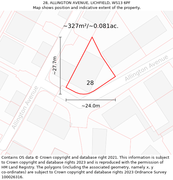 28, ALLINGTON AVENUE, LICHFIELD, WS13 6PF: Plot and title map