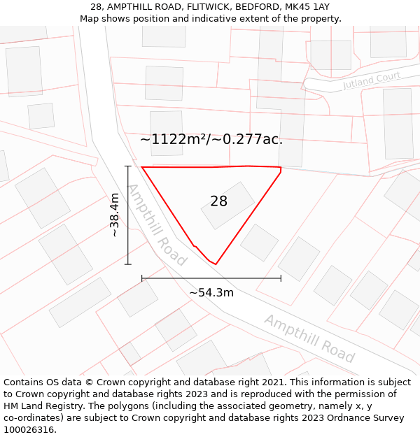 28, AMPTHILL ROAD, FLITWICK, BEDFORD, MK45 1AY: Plot and title map