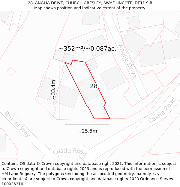 28, ANGLIA DRIVE, CHURCH GRESLEY, SWADLINCOTE, DE11 9JR: Plot and title map