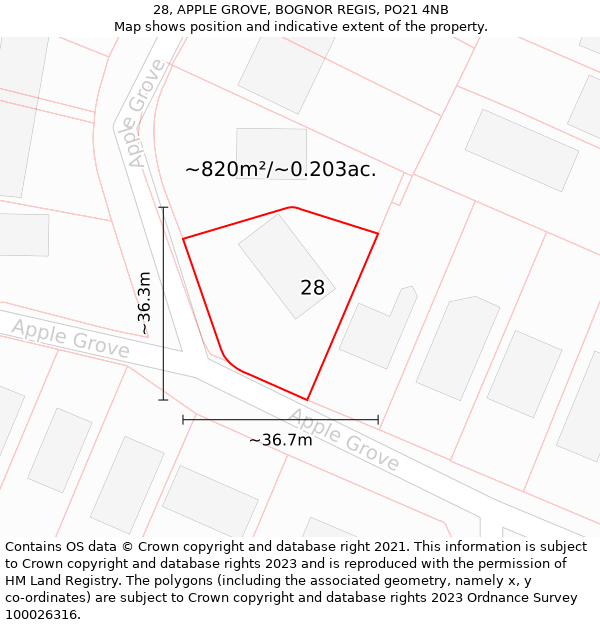 28, APPLE GROVE, BOGNOR REGIS, PO21 4NB: Plot and title map