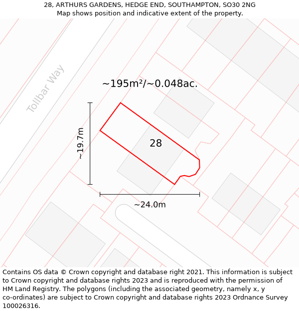 28, ARTHURS GARDENS, HEDGE END, SOUTHAMPTON, SO30 2NG: Plot and title map