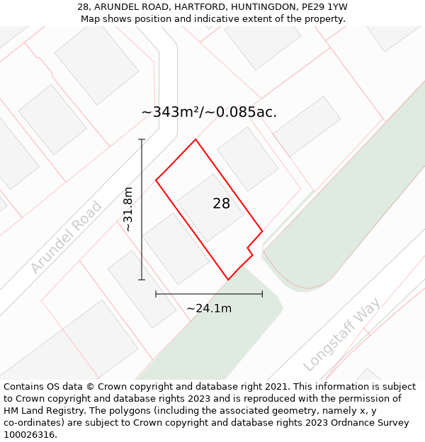 28, ARUNDEL ROAD, HARTFORD, HUNTINGDON, PE29 1YW: Plot and title map