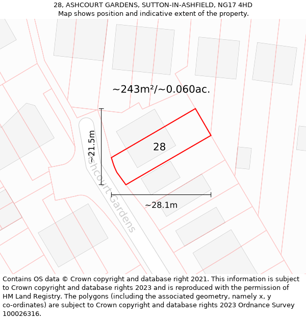 28, ASHCOURT GARDENS, SUTTON-IN-ASHFIELD, NG17 4HD: Plot and title map