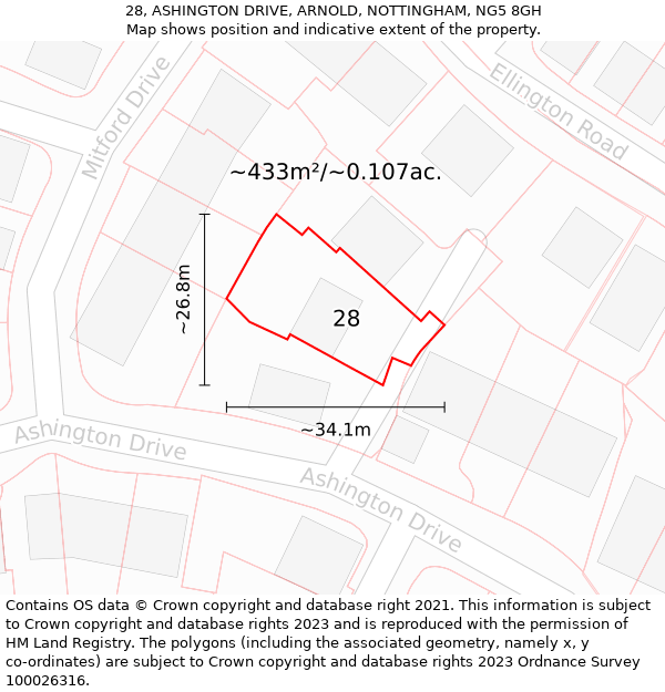 28, ASHINGTON DRIVE, ARNOLD, NOTTINGHAM, NG5 8GH: Plot and title map