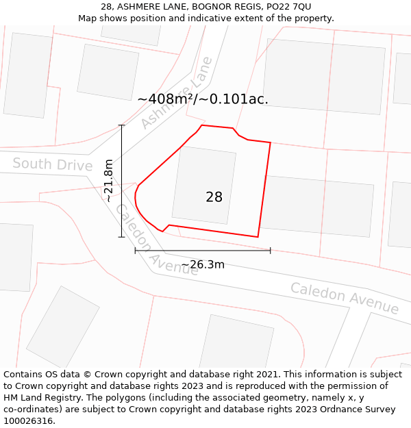 28, ASHMERE LANE, BOGNOR REGIS, PO22 7QU: Plot and title map