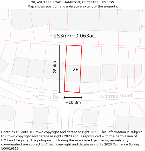 28, ASHTREE ROAD, HAMILTON, LEICESTER, LE5 1TW: Plot and title map