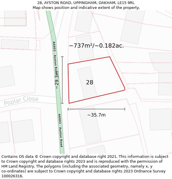 28, AYSTON ROAD, UPPINGHAM, OAKHAM, LE15 9RL: Plot and title map