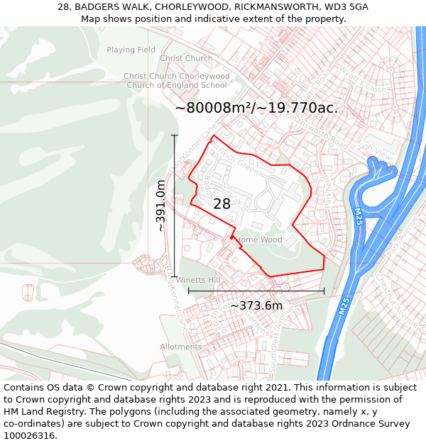 28, BADGERS WALK, CHORLEYWOOD, RICKMANSWORTH, WD3 5GA: Plot and title map