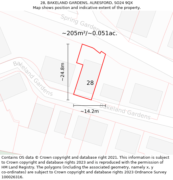 28, BAKELAND GARDENS, ALRESFORD, SO24 9QX: Plot and title map