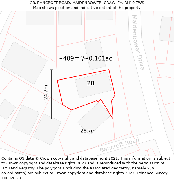 28, BANCROFT ROAD, MAIDENBOWER, CRAWLEY, RH10 7WS: Plot and title map