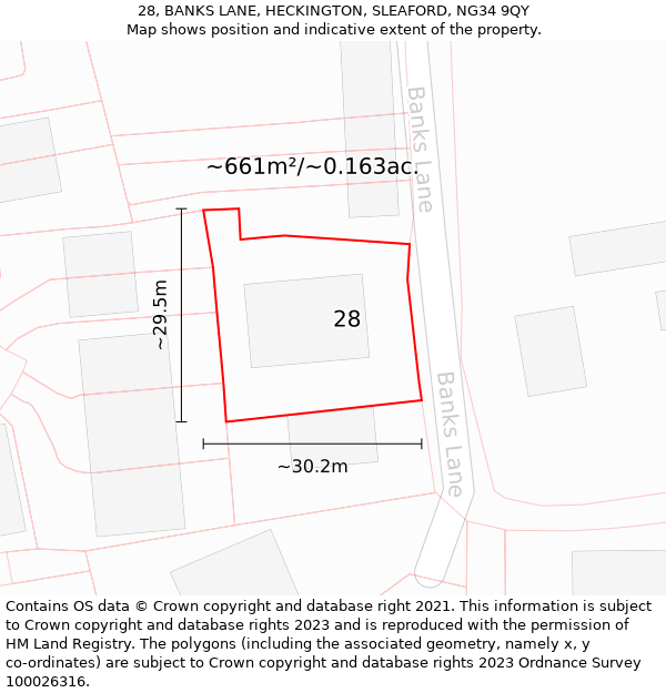 28, BANKS LANE, HECKINGTON, SLEAFORD, NG34 9QY: Plot and title map