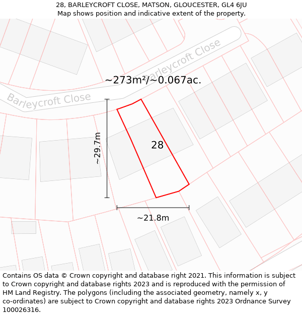 28, BARLEYCROFT CLOSE, MATSON, GLOUCESTER, GL4 6JU: Plot and title map