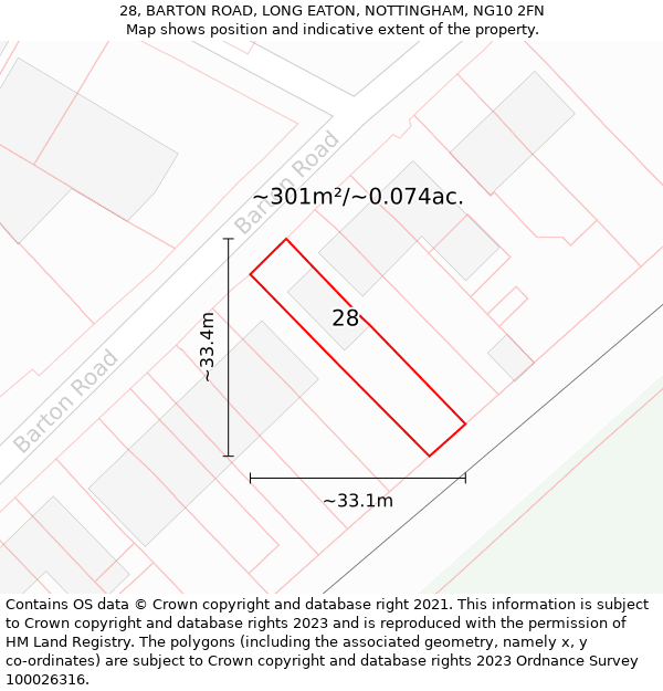 28, BARTON ROAD, LONG EATON, NOTTINGHAM, NG10 2FN: Plot and title map