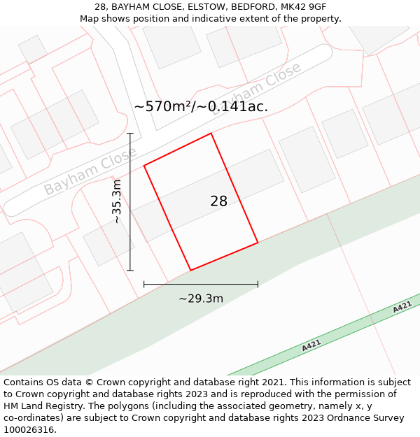 28, BAYHAM CLOSE, ELSTOW, BEDFORD, MK42 9GF: Plot and title map