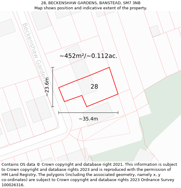 28, BECKENSHAW GARDENS, BANSTEAD, SM7 3NB: Plot and title map