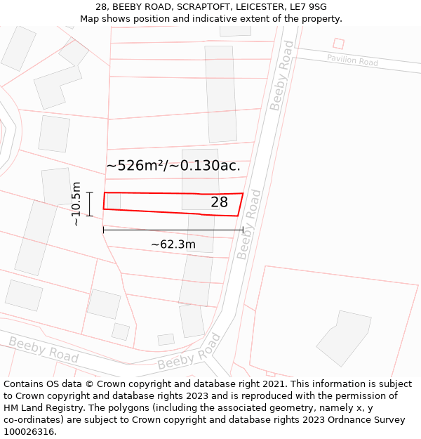 28, BEEBY ROAD, SCRAPTOFT, LEICESTER, LE7 9SG: Plot and title map