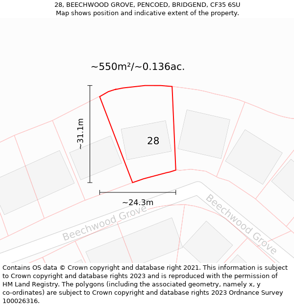 28, BEECHWOOD GROVE, PENCOED, BRIDGEND, CF35 6SU: Plot and title map