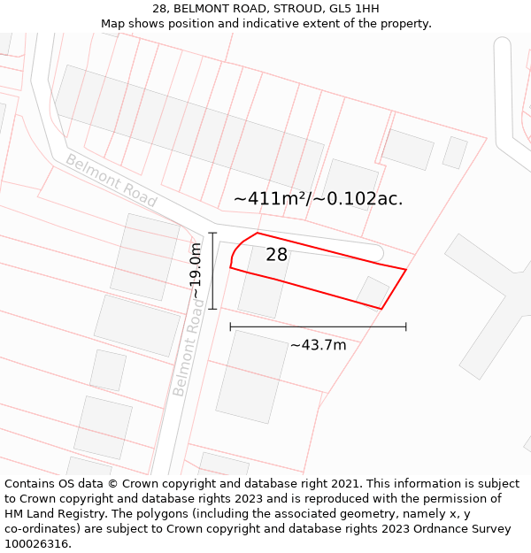 28, BELMONT ROAD, STROUD, GL5 1HH: Plot and title map