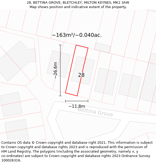 28, BETTINA GROVE, BLETCHLEY, MILTON KEYNES, MK2 3AW: Plot and title map