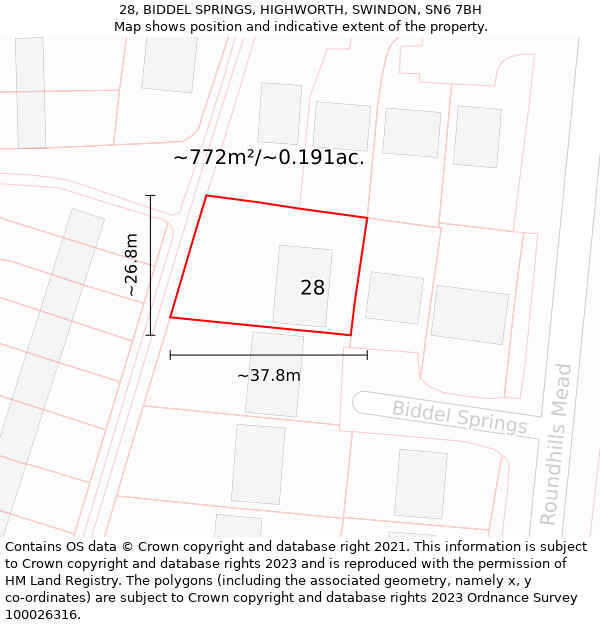 28, BIDDEL SPRINGS, HIGHWORTH, SWINDON, SN6 7BH: Plot and title map