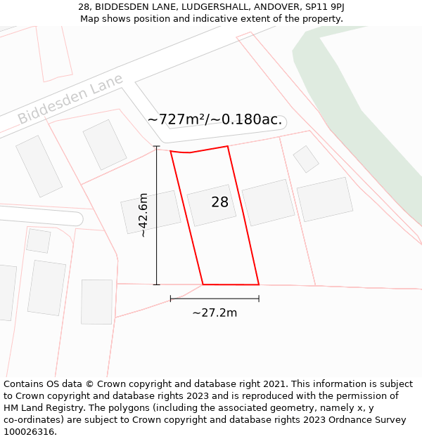 28, BIDDESDEN LANE, LUDGERSHALL, ANDOVER, SP11 9PJ: Plot and title map