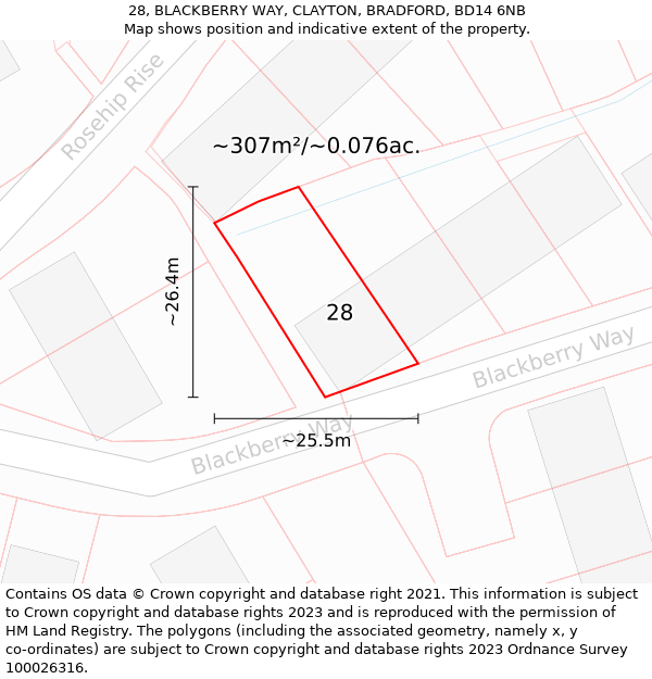 28, BLACKBERRY WAY, CLAYTON, BRADFORD, BD14 6NB: Plot and title map