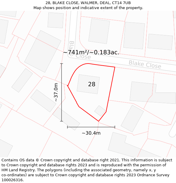 28, BLAKE CLOSE, WALMER, DEAL, CT14 7UB: Plot and title map