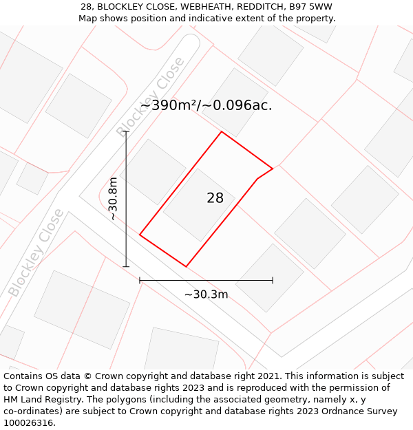 28, BLOCKLEY CLOSE, WEBHEATH, REDDITCH, B97 5WW: Plot and title map